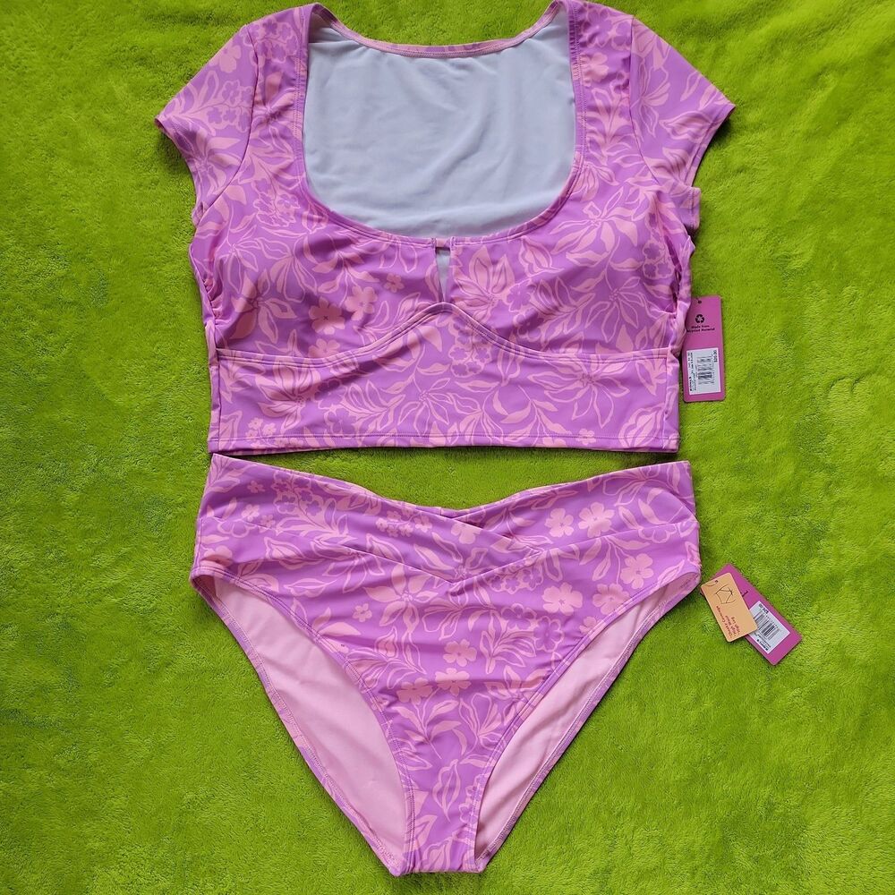 NWT Ninety- Nine 2 Piece Swim Suit In Bloom Purple Pink Floral Tankini Size XXL